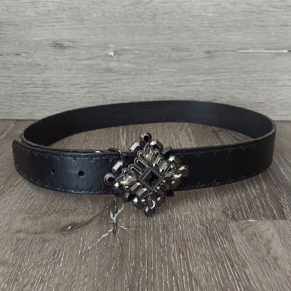 Fossil Black Leather Tooled Belt Rhinestone Buckle Size Small - Picture 1 of 9